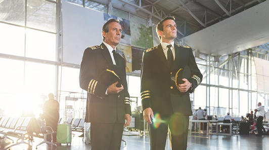 two O'Hare airport pilots waiting for their airline crew transportation service