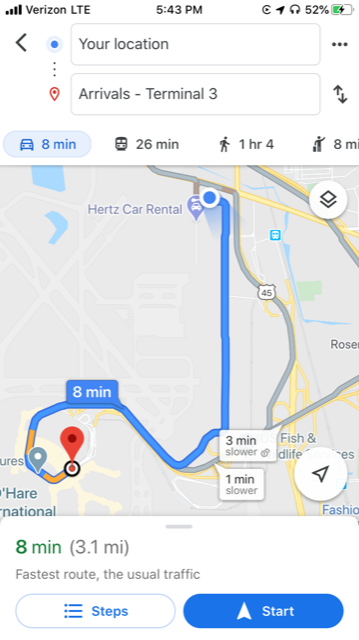 map of the distance from your location to airport terminal 3