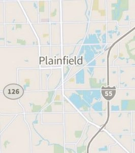 Map showing the town of Plainfield with major roads and Interstate 55.